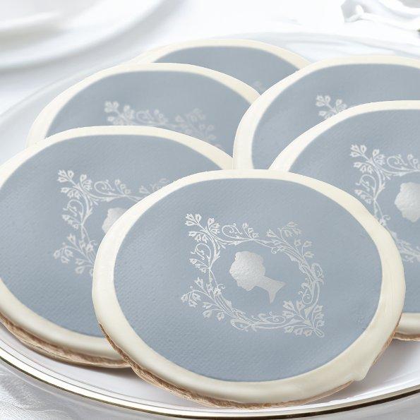 Dusty Blue Vintage Regency Lady Faux Silver Crest Sugar Cookie