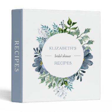 Dusty Blue Watercolor Floral Bridal Shower Recipes 3 Ring Binder