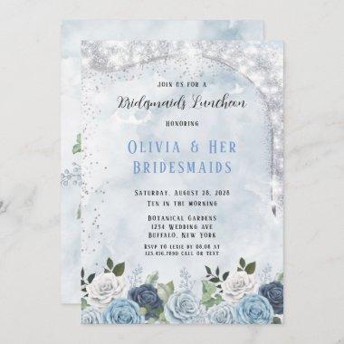 Dusty Blue Watercolor Floral Bridesmaids Luncheon Invitations