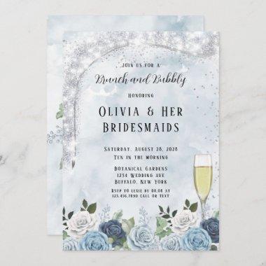 Dusty Blue Watercolor Floral Brunch and Bubbly Invitations