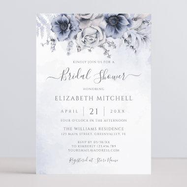 Dusty Blue Watercolor Floral Elegant Bridal Shower Invitations
