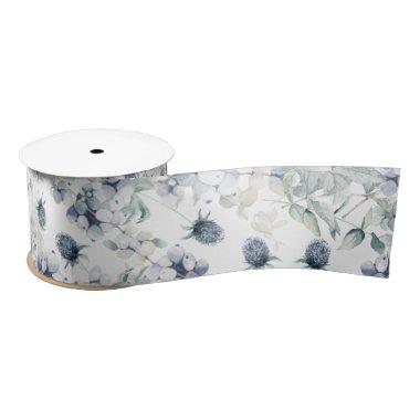 Dusty Blue Watercolor Floral Satin Ribbon