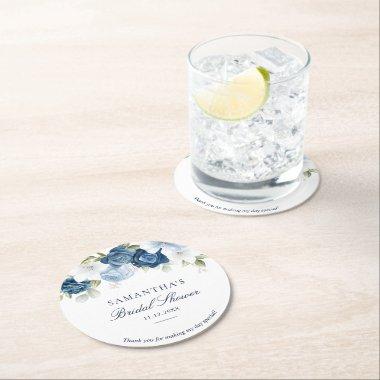 Dusty Blue Watercolor Floral Script  Round Paper Coaster