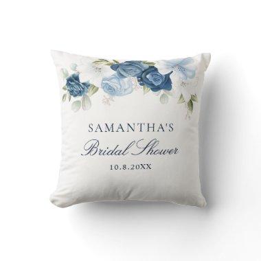Dusty Blue Watercolor Floral Script Bridal Shower Throw Pillow