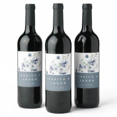 Dusty Blue Watercolor Floral Wedding Wine Labels