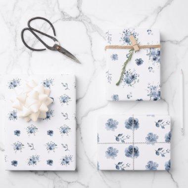 Dusty Blue Watercolor Floral Wrapping Paper Sheets