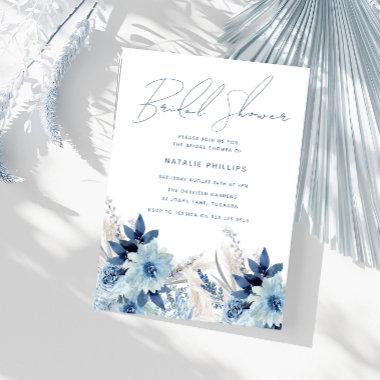 Dusty Blue Watercolor Florals Bridal Shower Invitations