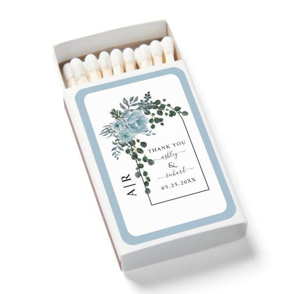 Dusty blue watercolor flowers and arch wedding matchboxes
