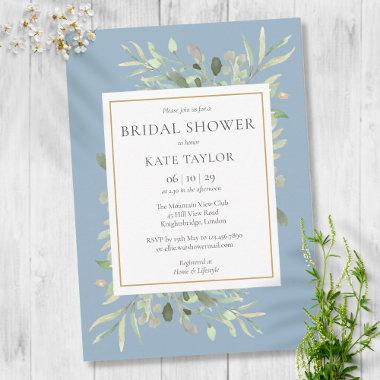 Dusty Blue Watercolor Greenery Bridal Shower Invitations
