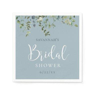 Dusty Blue Watercolor Greenery Bridal Shower Napkins