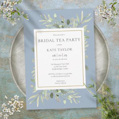 Dusty Blue Watercolor Greenery Bridal Tea Party Invitations