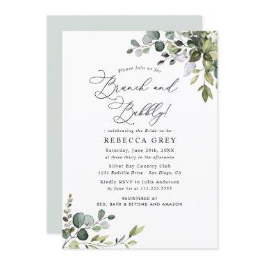 Dusty Blue Watercolor Greenery Brunch & Bubbly Invitations