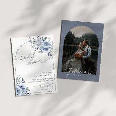 Dusty Blue Watercolor Photo Floral Bridal Shower Invitations
