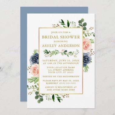 Dusty Blue Watercolor Roses Bridal Shower Gold Invitations