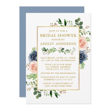 Dusty Blue Watercolor Roses Bridal Shower Gold Invitations