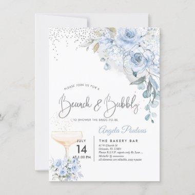 Dusty Blue Watercolor Roses Brunch Bubbly Invitations