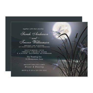 Dusty Blue Wedding Full Moon Dragonfly Pond Invitations