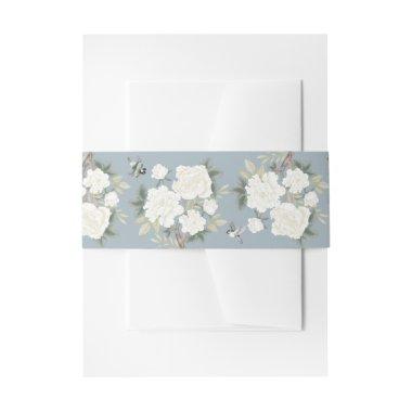 Dusty Blue White Chinoiserie Floral Wedding Invitations Belly Band