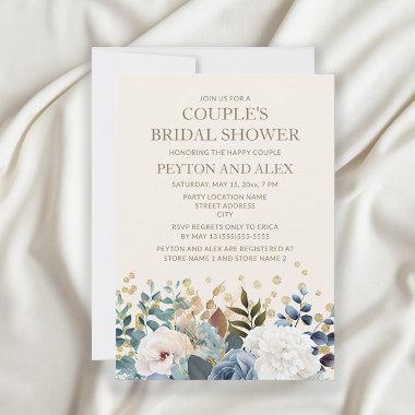 Dusty Blue White Floral Gold Couples Bridal Showe Invitations
