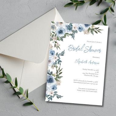 Dusty Blue White Floral Watercolor Bridal Shower Invitations