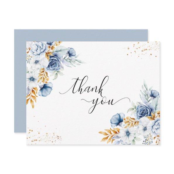 Dusty Blue White Gold Floral Wedding Thank You
