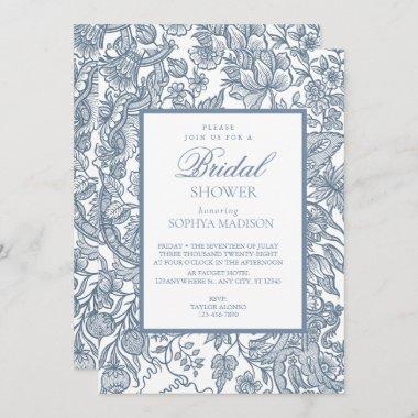 Dusty Blue & White Line Art Wildflowers Floral Invitations