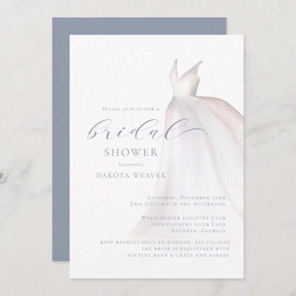 Dusty Blue White Wedding Dress Bridal Shower Invitations