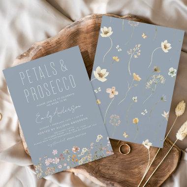 Dusty Blue Wildflower Petals & Prosecco Bridal Invitations