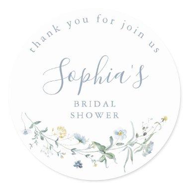 Dusty Blue Wildflower Rustic Boho Bridal Shower Classic Round Sticker