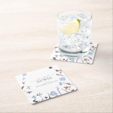 Dusty Blue Wildflower Watercolor Bridal Shower Square Paper Coaster