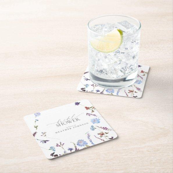 Dusty Blue Wildflower Watercolor Bridal Shower Square Paper Coaster