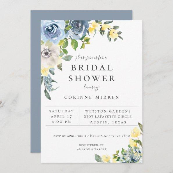 Dusty Blue Yellow Botanical Floral Bridal Shower Announcement