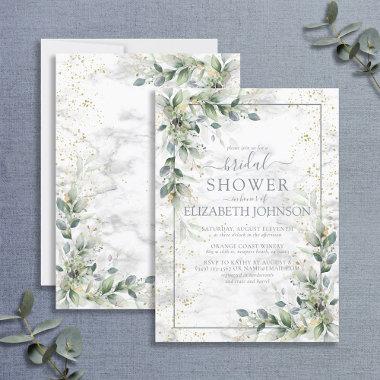 Dusty Botanical Greenery Gold Marble Bridal Shower Invitations