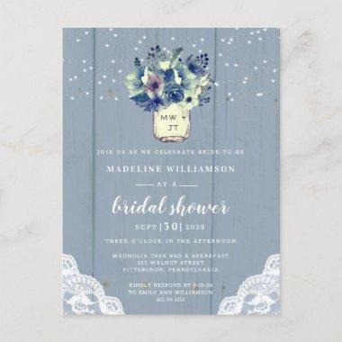 Dusty Country Blue Mason Jar Bridal Shower Invitation PostInvitations