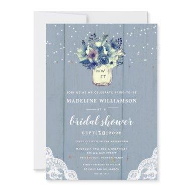 Dusty Country Blue Mason Jar Lace Bridal Shower Invitations