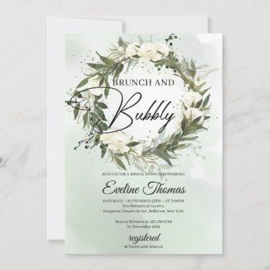 Dusty green olive wreath floral brunch and bubbly Invitations