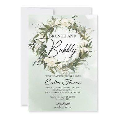 Dusty green olive wreath floral brunch and bubbly Invitations