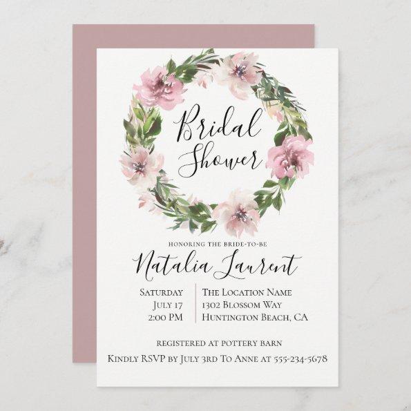 Dusty Mauve Floral Wreath Bridal Shower Invitations