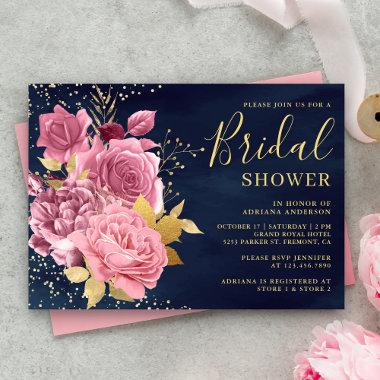 Dusty Mauve Pink Floral Navy Blue Bridal Shower Invitations