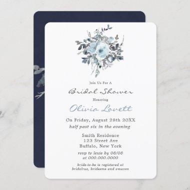 Dusty Navy Blue Botanical Floral Bridal Shower Invitations