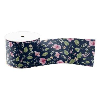 Dusty Navy Blue Pink Hibiscus Bloom Wedding Shower Grosgrain Ribbon