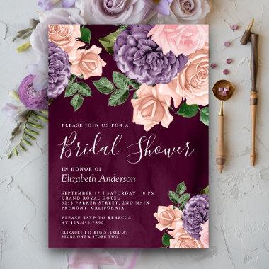 Dusty Peach Purple Floral Plum Bridal Shower Invitations