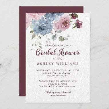 Dusty Pink Blue Rose Burgundy Bridal Shower Invitations
