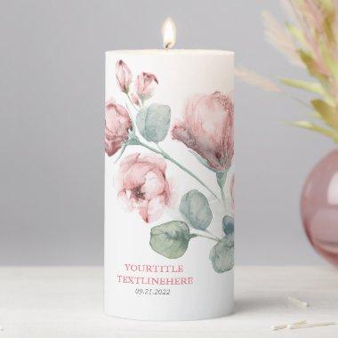 Dusty Pink Elegant Simple Watercolor Flowers Pillar Candle