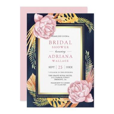 Dusty Pink Floral Boho Palm Navy Bridal Shower Invitations