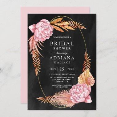 Dusty Pink Floral Dried Palm Black Bridal Shower Invitations