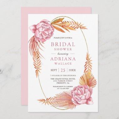 Dusty Pink Floral Dried Palm Boho Bridal Shower Invitations