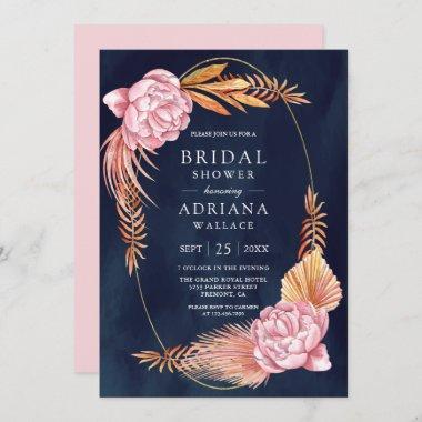 Dusty Pink Floral Dried Palm Navy Bridal Shower Invitations