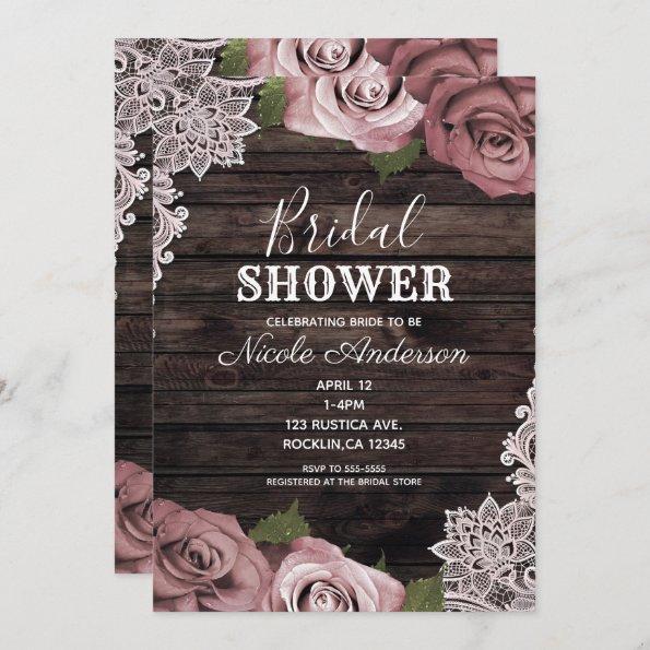 Dusty Pink Floral Roses Rustic Wood Bridal Shower Invitations