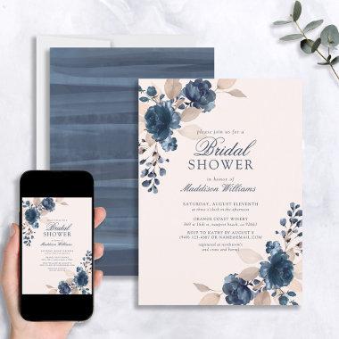 Dusty Pink Navy Blue Flowers Rustic Bridal Shower Invitations